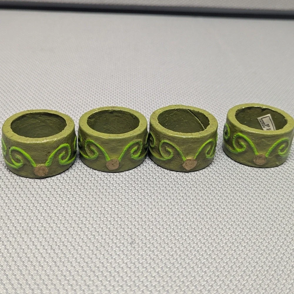 VTG Fitz & Floyd Japan Napkin Rings Set of 4 Green Scroll Hand Painted Boho
